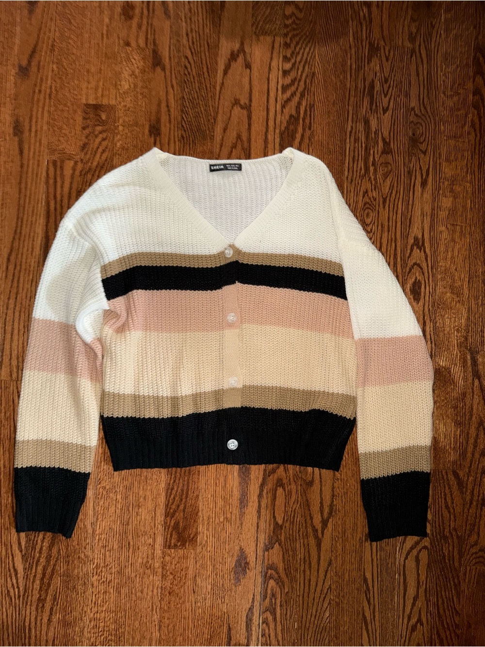 SHEIN Striped V-Neck Button Cardigan - White, Pink, Beige, Black